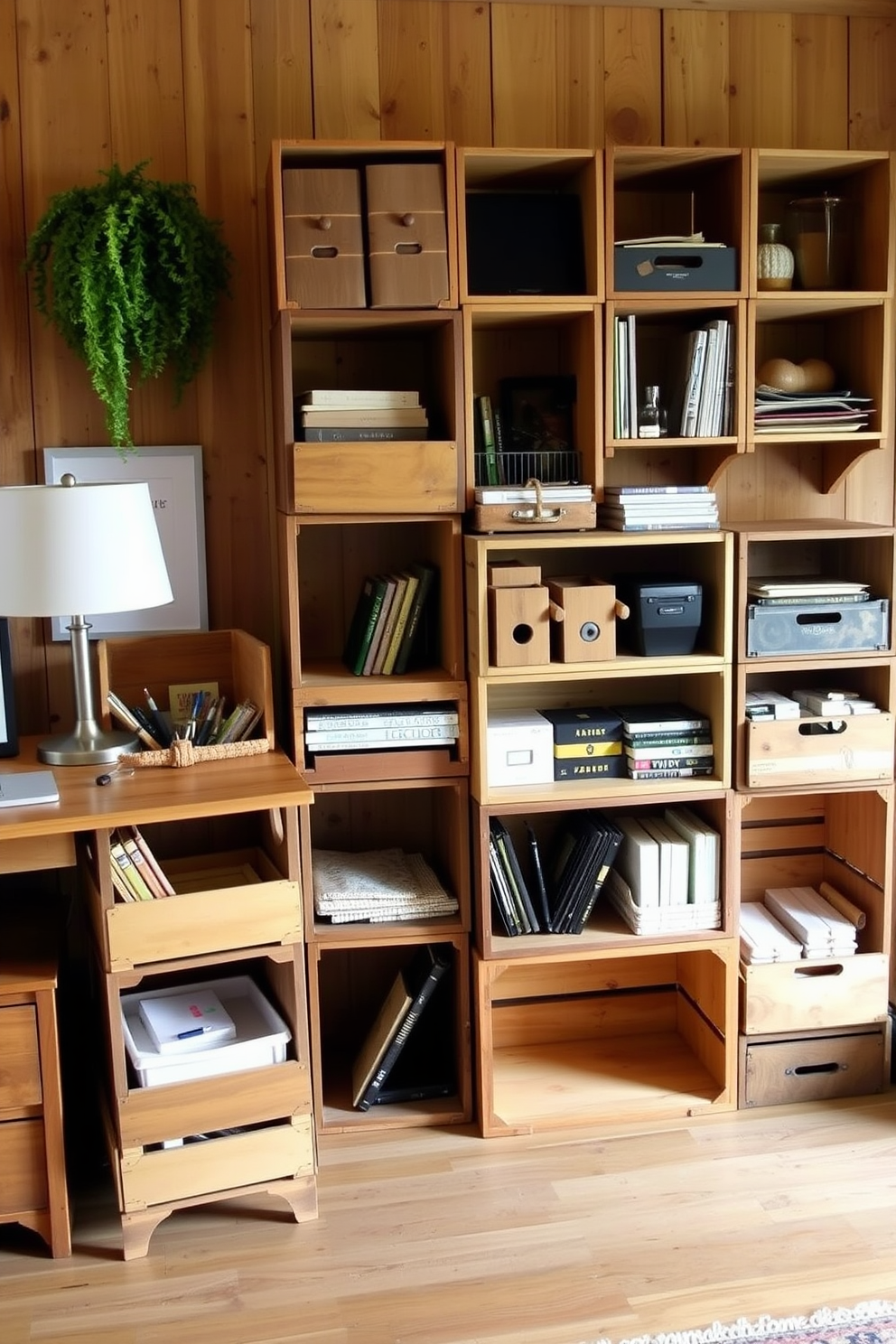 A rustic home office featuring wooden crate storage for office supplies. The crates are stacked against the wall, creating an organized yet charming display that enhances the natural wood tones of the room.