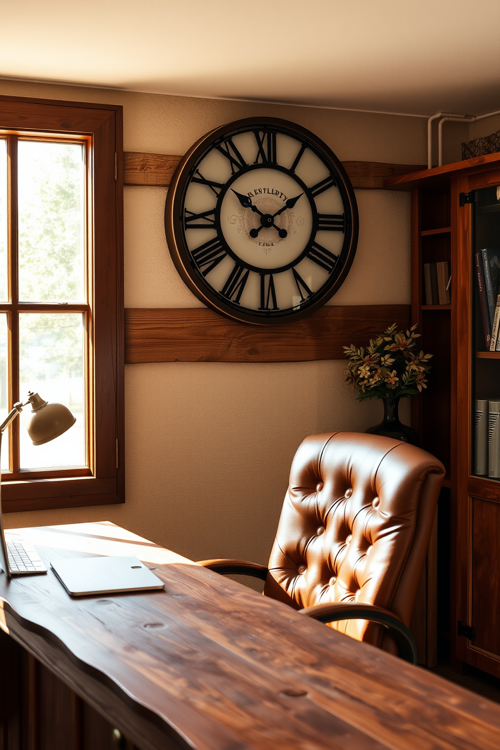 A charming clock with a vintage design hangs on the wall, featuring intricate details and a classic Roman numeral face. The clock is surrounded by warm wooden accents, creating a cozy atmosphere. The rustic home office design includes a reclaimed wood desk paired with a comfortable leather chair. Natural light floods the space through a large window, highlighting the earthy tones and textures of the decor.