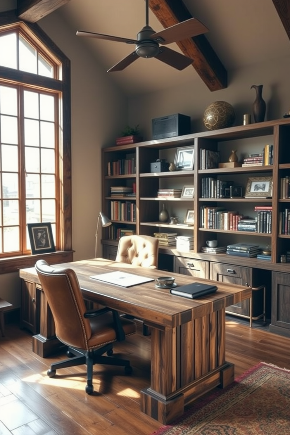 A rustic home office with natural light streaming through large windows. The space features a reclaimed wood desk paired with a comfortable leather chair, surrounded by shelves filled with books and decorative items.