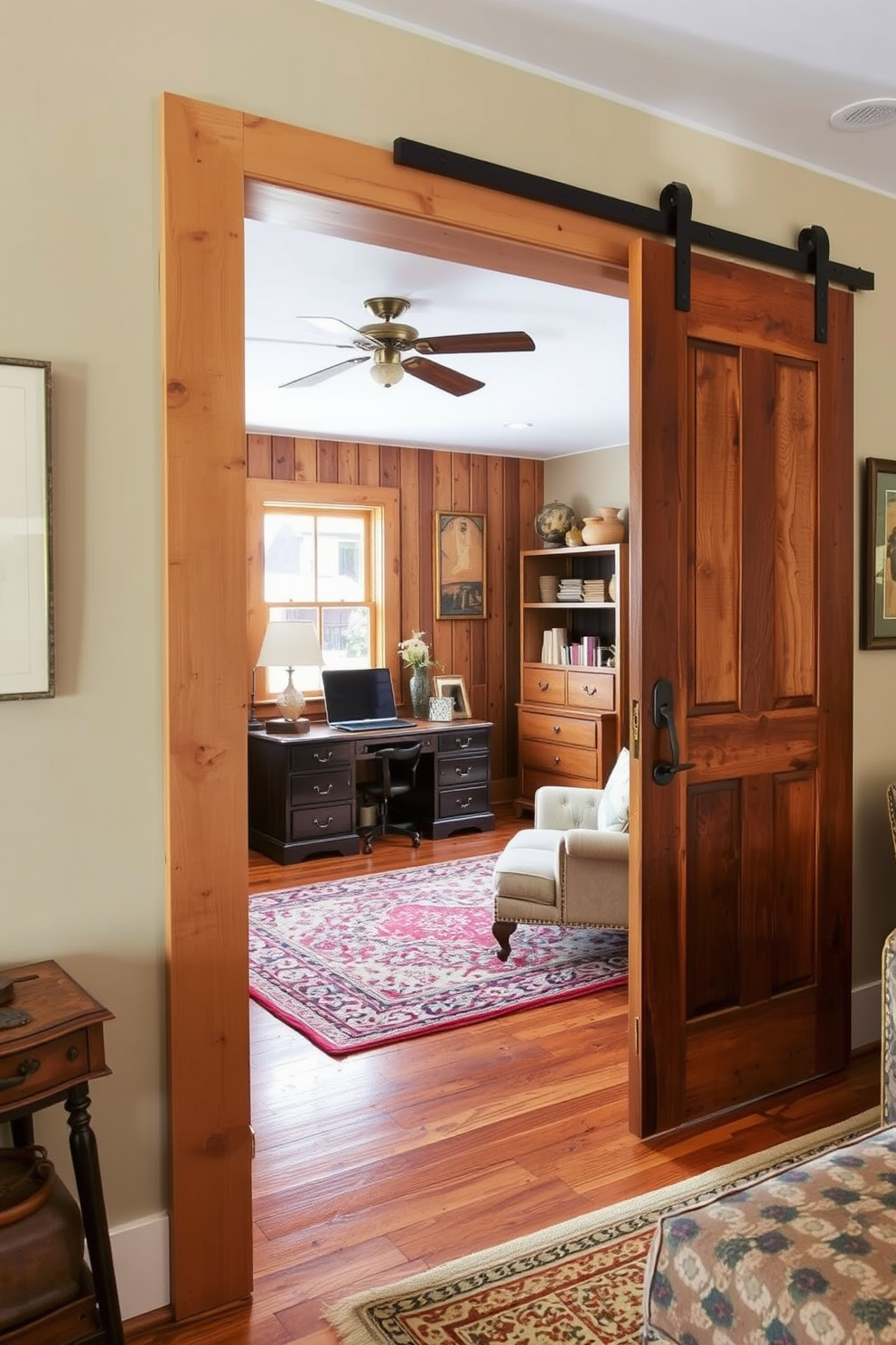 A rustic home office features a barn door sliding entrance that adds character and charm to the space. Inside, warm wood tones and vintage furnishings create an inviting atmosphere perfect for productivity.