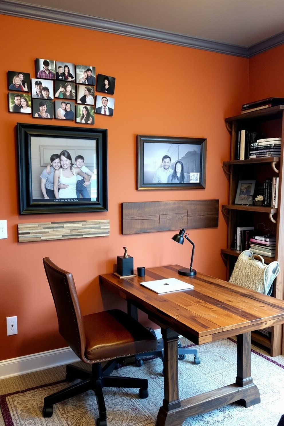 A cozy home office featuring personalized wall art adorned with family photos. The walls are painted in warm earth tones, creating an inviting atmosphere for work and creativity. A rustic wooden desk sits against one wall, complemented by a comfortable leather chair. Shelves made from reclaimed wood display books and decorative items, enhancing the room's charm.