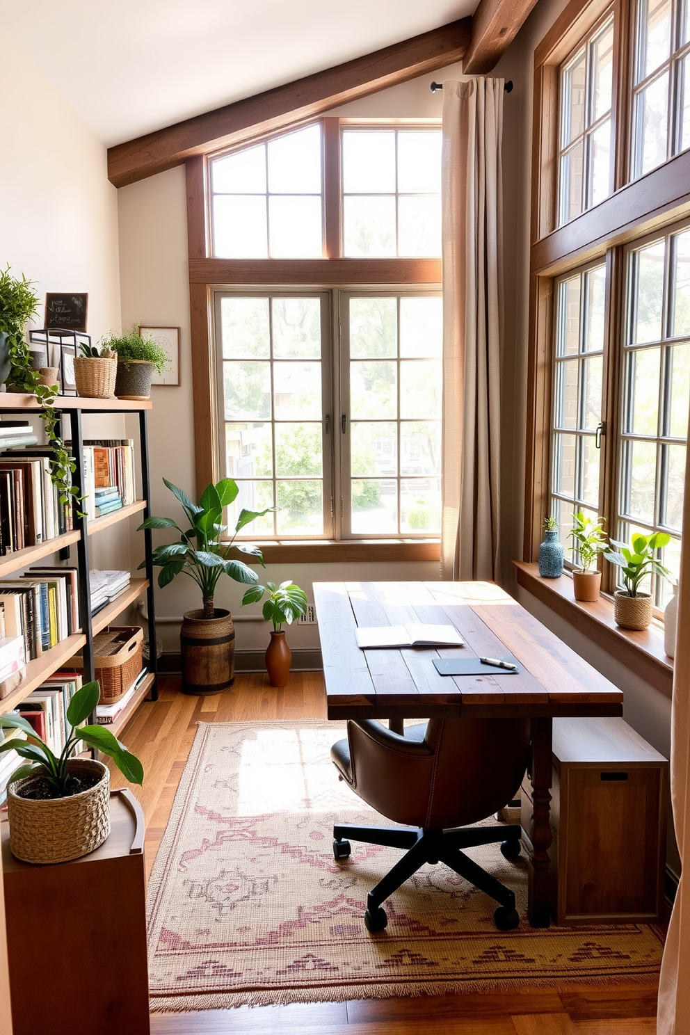 A rustic home office featuring a neutral color palette with earthy tones. The space includes a reclaimed wood desk paired with a comfortable leather chair, surrounded by shelves filled with books and plants. Natural light floods the room through large windows adorned with simple linen curtains. The walls are painted in a soft beige, complementing the warm wooden accents and a cozy area rug placed beneath the desk.