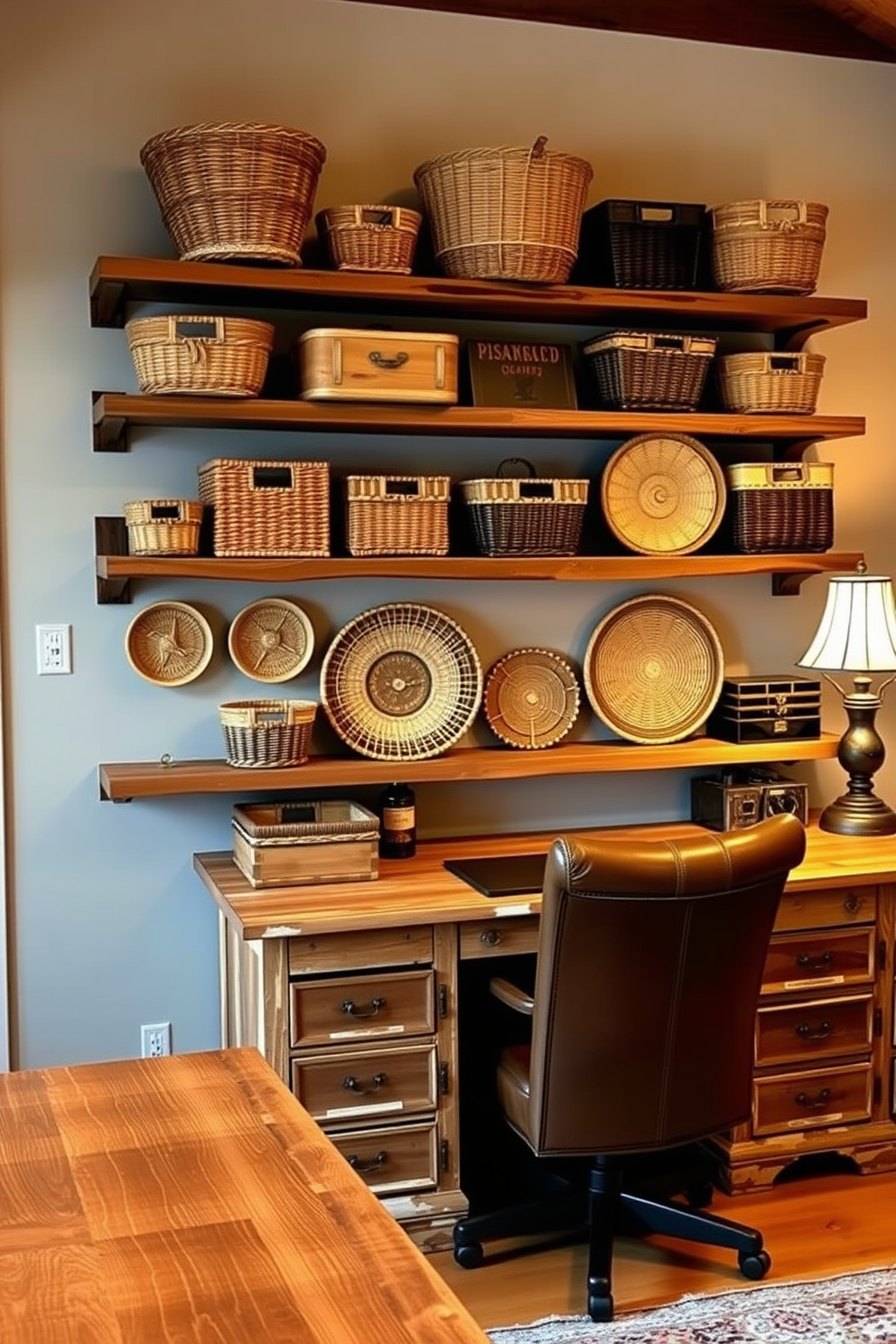 Rustic shelving made of reclaimed wood is mounted on the wall, displaying an array of decorative storage baskets in various sizes and textures. The baskets are woven in natural fibers, adding warmth and character to the space. A cozy home office features a large wooden desk with a distressed finish, complemented by a comfortable leather chair. Soft ambient lighting from a vintage-style lamp casts a warm glow, enhancing the rustic charm of the room.