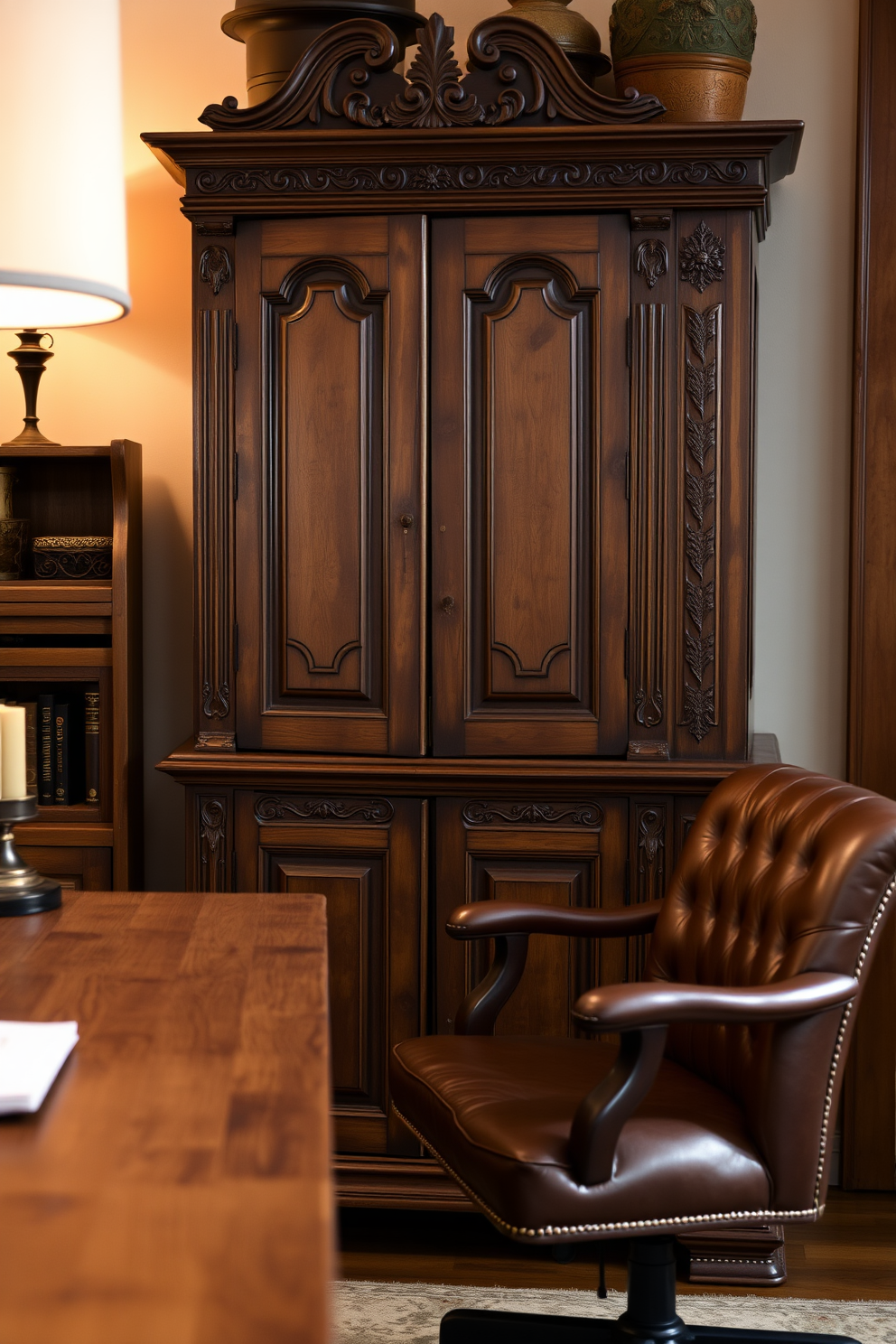 A cozy home office space featuring an antique wooden filing cabinet with intricate carvings and a rich patina. The desk is made of reclaimed wood, complemented by a comfortable leather chair and warm ambient lighting.