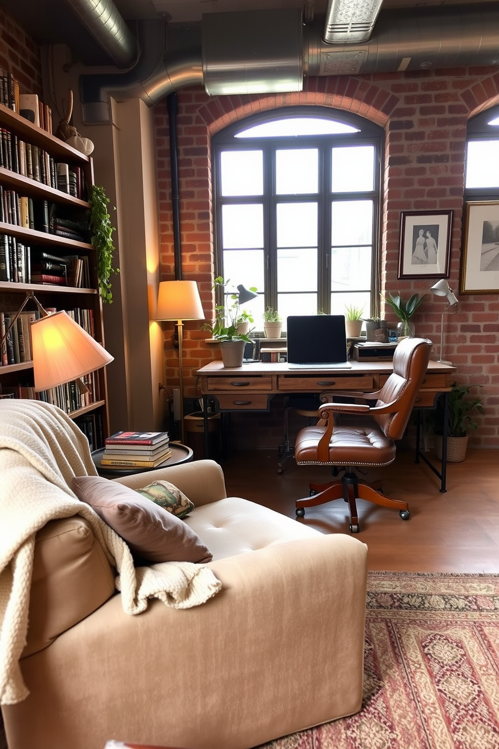 Cozy reading nook with plush armchair. A soft throw blanket drapes over the armrest of a large, inviting armchair nestled in the corner of the room. A warm floor lamp casts a gentle glow, illuminating a small side table stacked with books. The walls are adorned with shelves filled with various novels, and a large window allows natural light to filter in, enhancing the cozy atmosphere. Rustic home office design ideas. A sturdy wooden desk with a distressed finish sits against a wall, complemented by a vintage leather chair. The space features exposed brick walls and large windows that provide ample light. Decorative elements include potted plants and framed artwork that reflect a warm, inviting aesthetic.