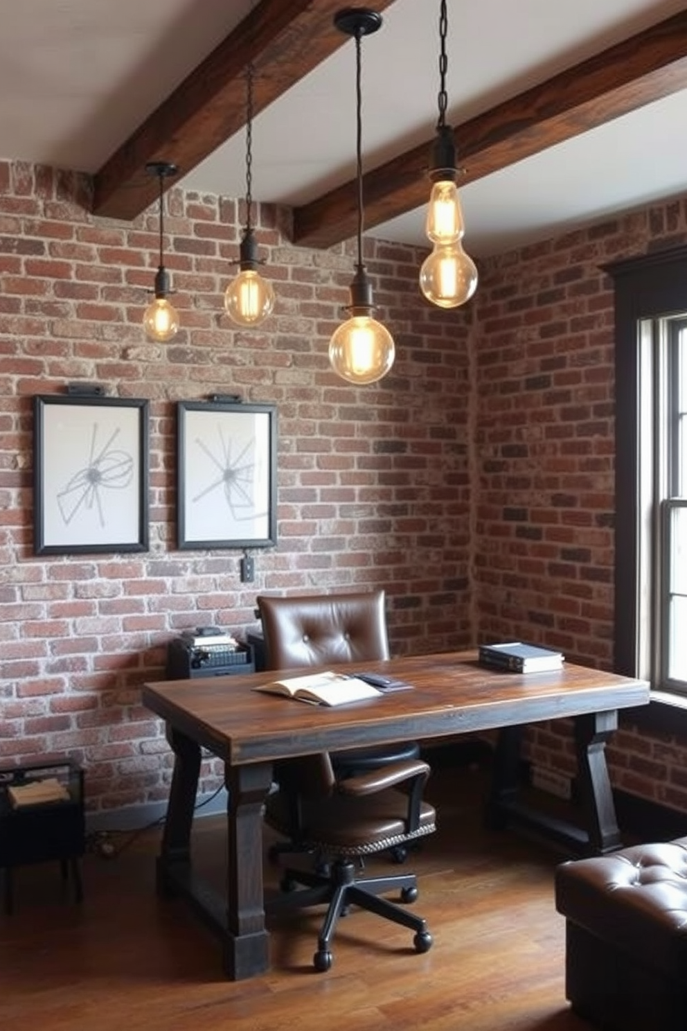 A rustic home office featuring industrial light fixtures with Edison bulbs. The room has exposed brick walls and a reclaimed wood desk paired with a vintage leather chair.