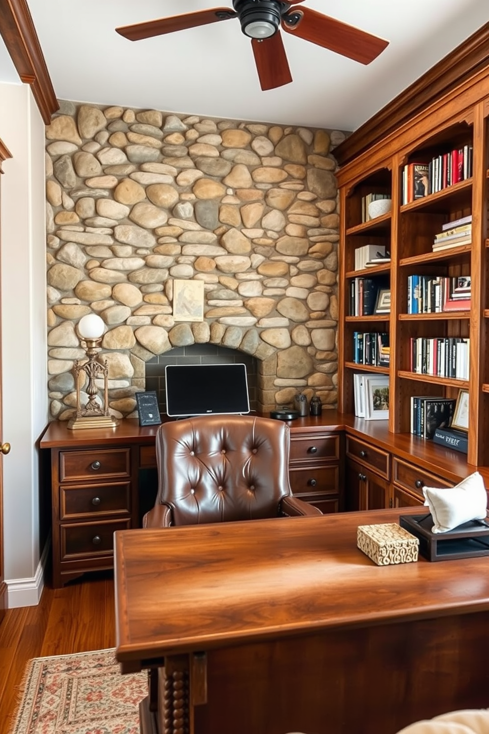 A rustic home office featuring a stone accent wall that adds natural texture and warmth to the space. The room includes a sturdy wooden desk paired with a comfortable leather chair, surrounded by shelves filled with books and decorative items.