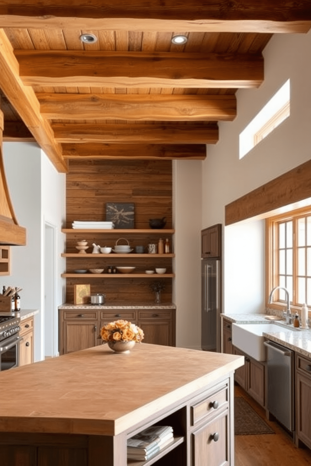 A rustic kitchen featuring reclaimed wood beams accentuating the ceiling creates a warm and inviting atmosphere. The space includes a large farmhouse sink, open shelving made of distressed wood, and a central island topped with a butcher block surface.