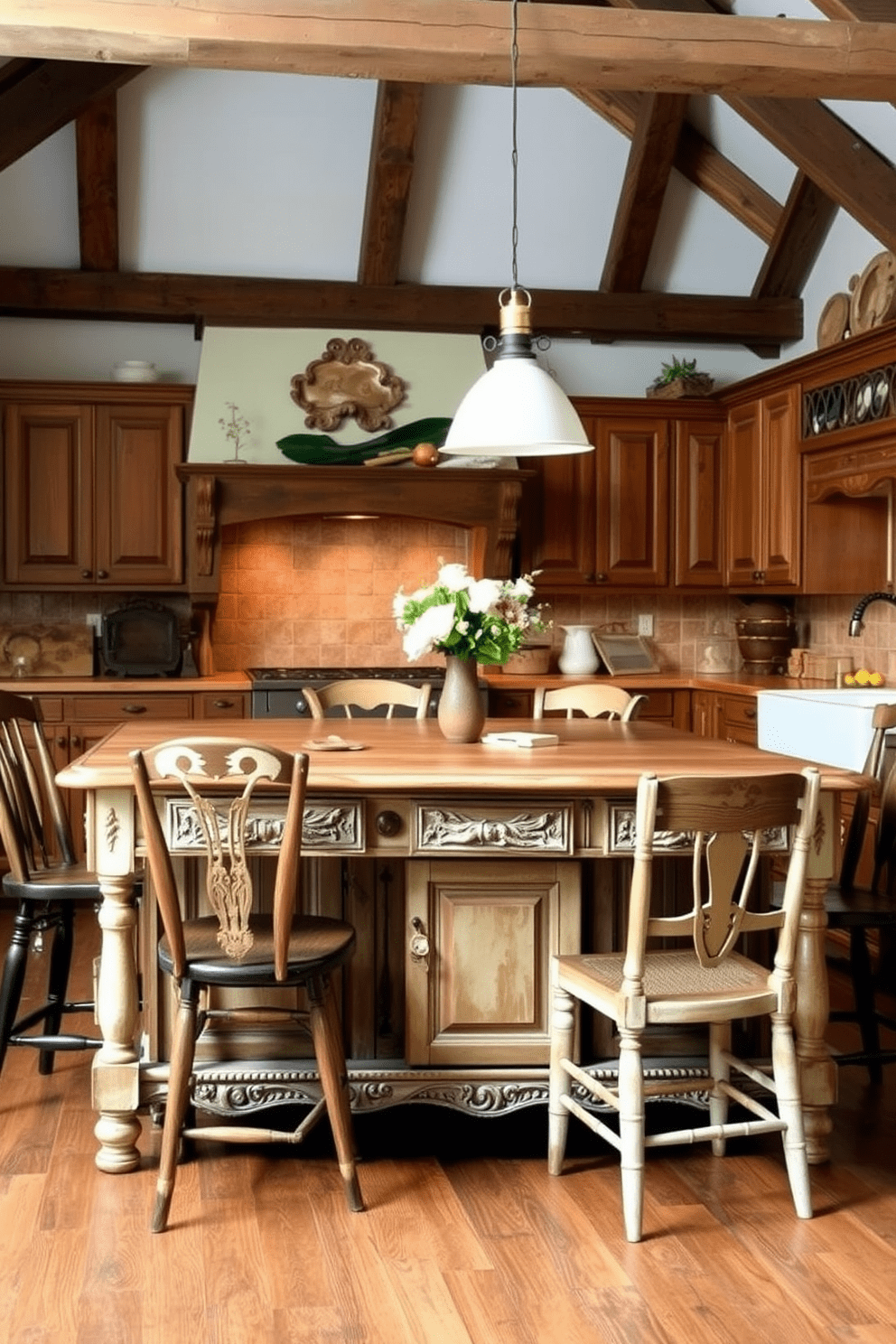 Antique kitchen island with a distressed finish showcasing intricate carvings and a natural wood surface. Surrounding the island are mismatched wooden chairs that add character to the rustic kitchen design. The kitchen features exposed wooden beams and a farmhouse sink, enhancing the cozy atmosphere. Soft, warm lighting illuminates the space, highlighting the rich textures of the cabinetry and the vintage decor.