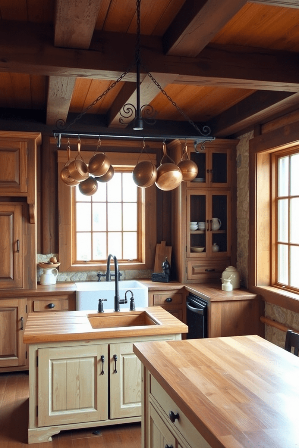 A rustic kitchen characterized by exposed wooden beams and a warm color palette. Copper pots hang from a wrought iron rack above a large farmhouse sink, adding a nostalgic touch to the space. The cabinetry features distressed finishes, complemented by a wooden island topped with butcher block. Natural light floods the room through large windows, illuminating the textured stone backsplash.