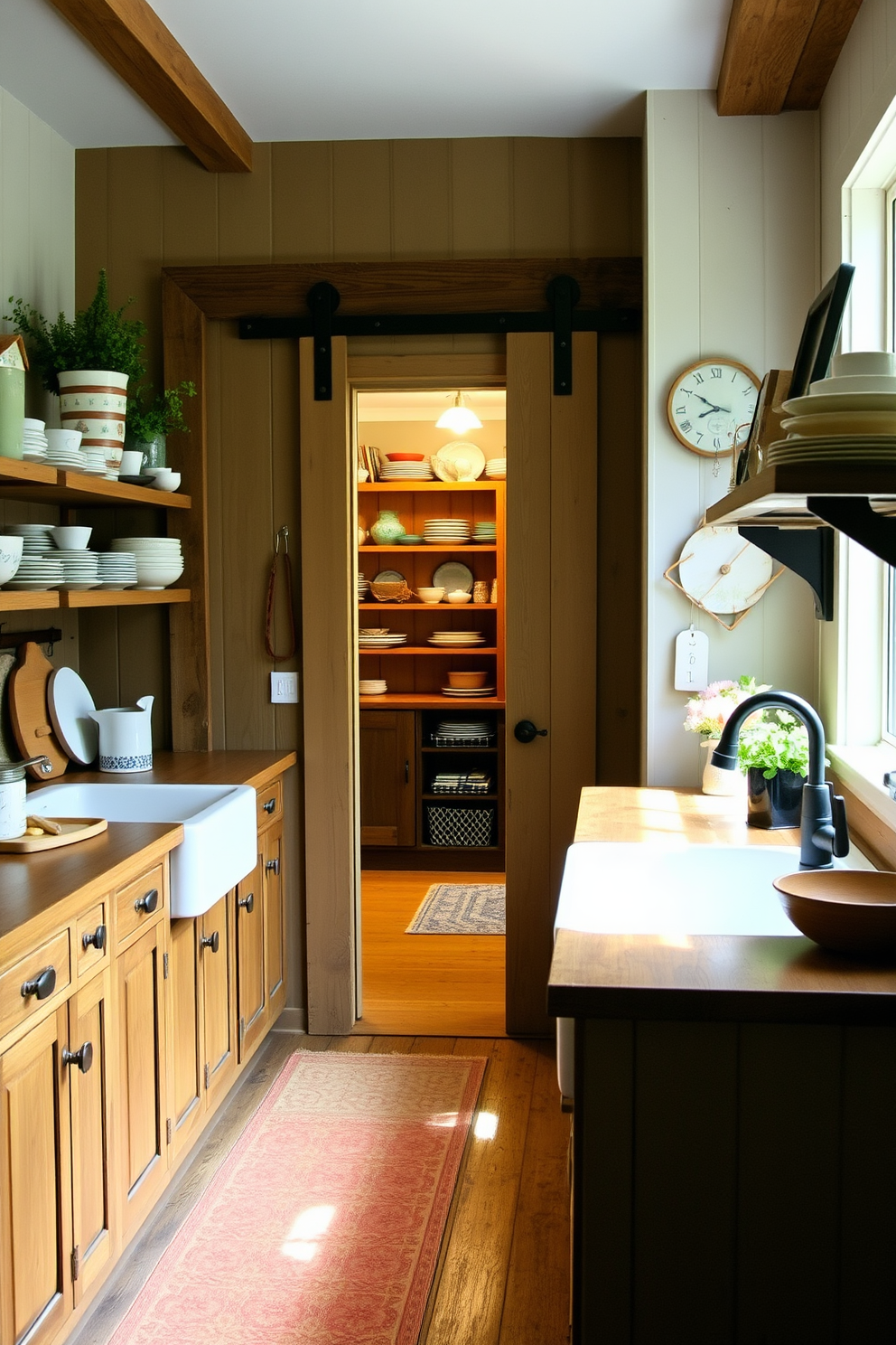 A cozy kitchen with a rustic charm featuring a barn door as the entrance to the pantry. The kitchen showcases reclaimed wood cabinetry, a farmhouse sink, and open shelving filled with vintage dishware.