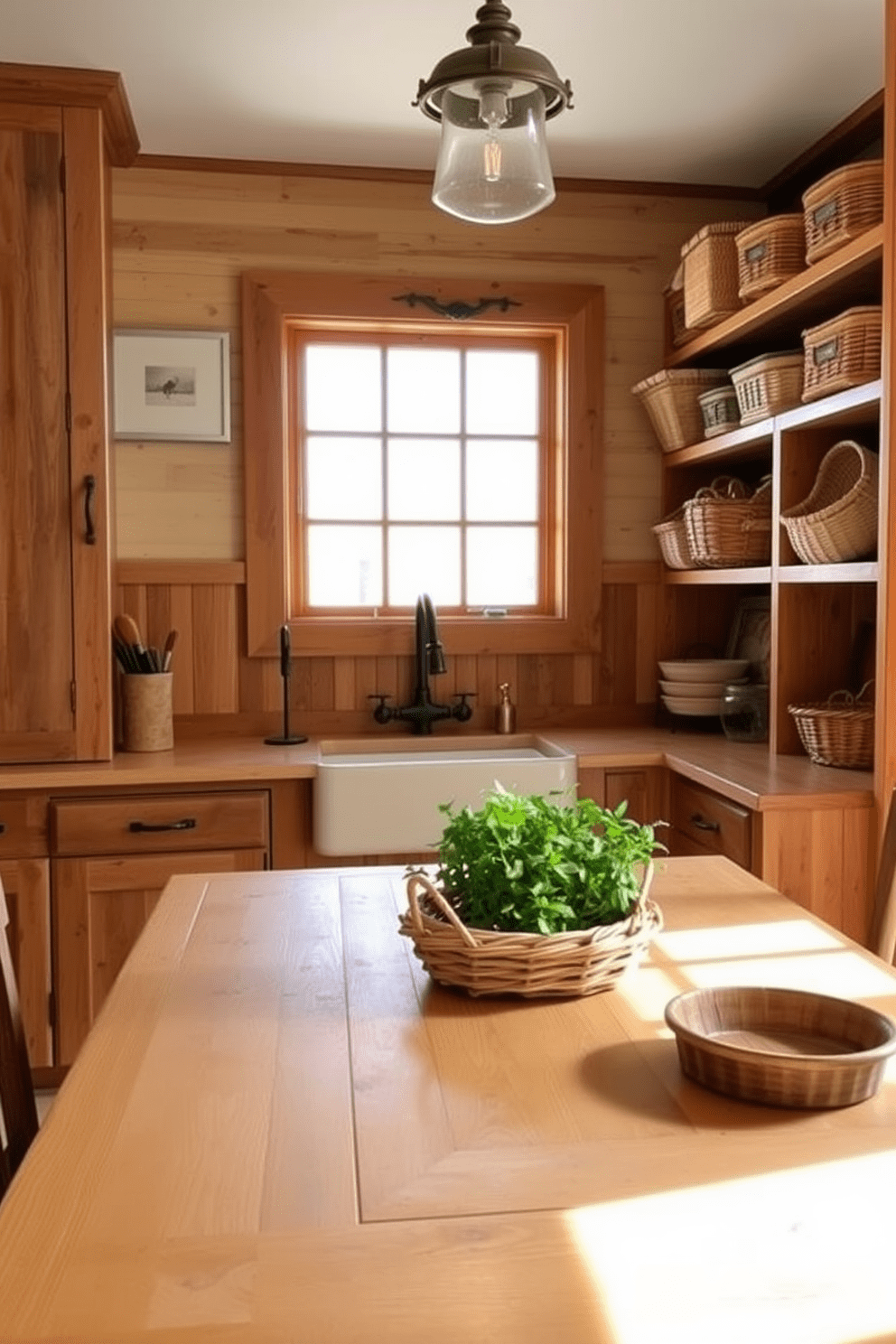 A rustic kitchen design featuring woven baskets for storage and decor. The kitchen showcases a large farmhouse sink surrounded by wooden cabinets and open shelving filled with various woven baskets. Natural light floods the space through a large window above the sink, highlighting the warm tones of the wood. A wooden dining table sits in the center, adorned with a simple centerpiece of fresh herbs in a woven basket.