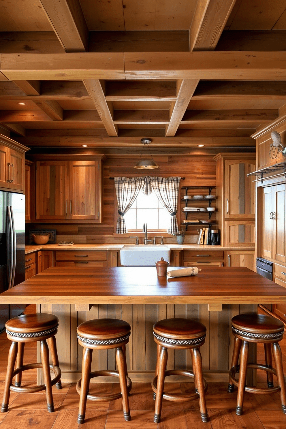 A cozy rustic kitchen features a large wooden island with a distressed finish, surrounded by rustic bar stools with leather seats. The warm tones of the wood complement the exposed beams overhead, creating an inviting atmosphere perfect for gatherings. The cabinetry is crafted from reclaimed wood, showcasing unique textures and imperfections. A farmhouse sink sits beneath a window, framed by vintage-inspired curtains, adding charm to the overall design.