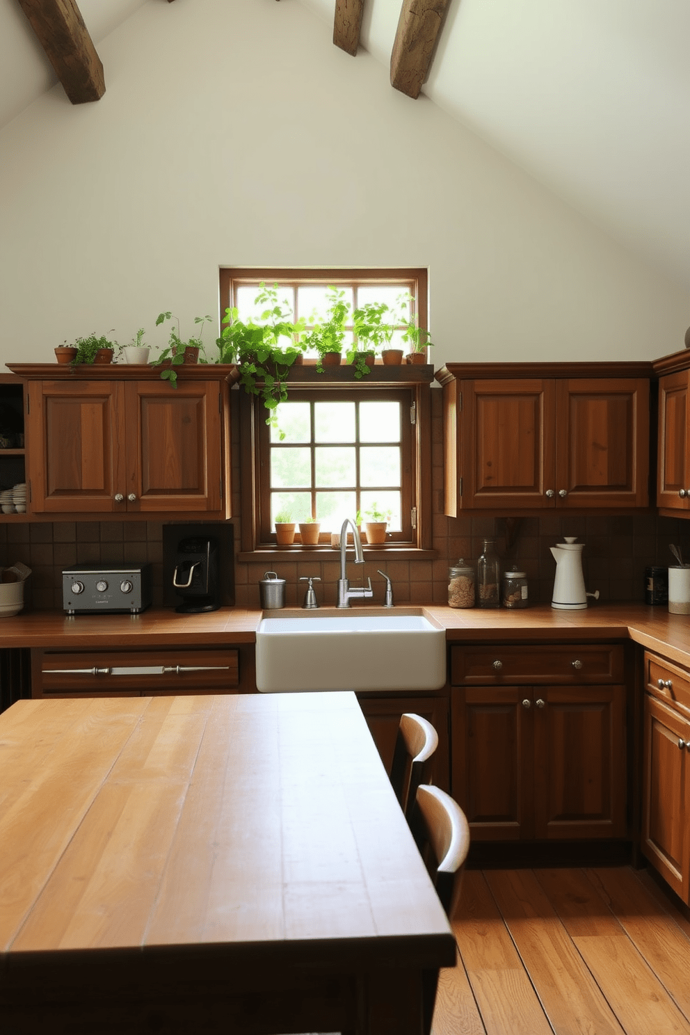 A charming rustic kitchen with a herb garden on the windowsill adds a touch of freshness. The wooden cabinets are complemented by a farmhouse sink and a large wooden dining table at the center.