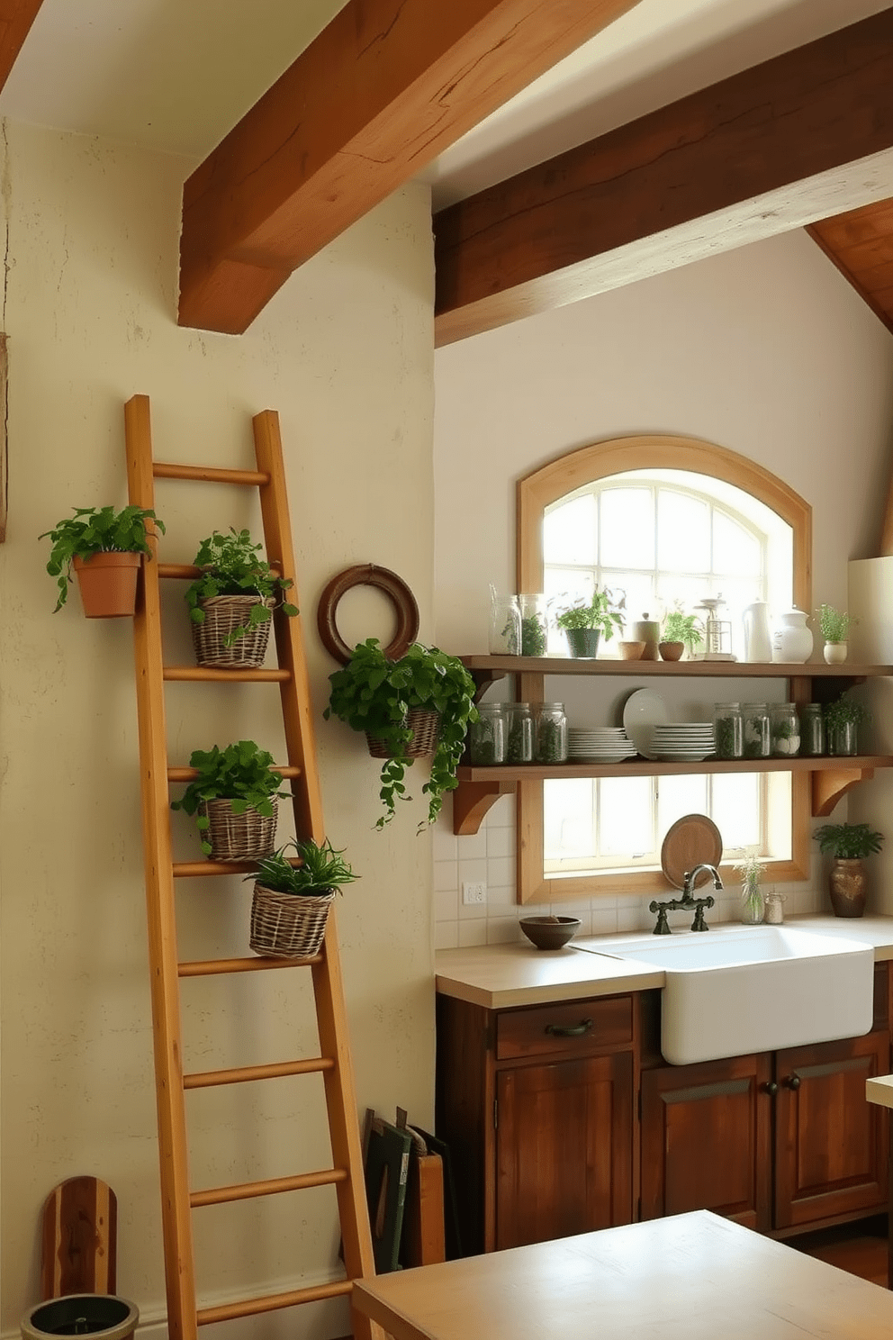 A rustic ladder leans against a weathered wall, adorned with potted plants and woven baskets for decorative storage. The ladder's natural wood finish complements the earthy tones of the surrounding decor, creating a warm and inviting atmosphere. In a rustic kitchen, exposed wooden beams stretch across the ceiling, enhancing the charm of the space. A large farmhouse sink sits beneath a window, flanked by open shelving displaying vintage dishware and mason jars filled with fresh herbs.