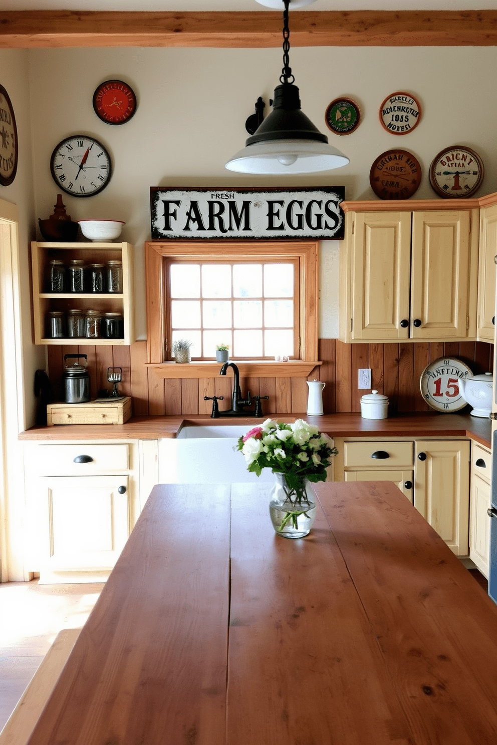 A rustic kitchen with vintage signs adorning the walls creates a charming farmhouse atmosphere. The wooden cabinets are painted in a soft cream color, complemented by a farmhouse sink and a large wooden dining table at the center. The kitchen features open shelving displaying mason jars and antique dishware. A vintage sign that reads 