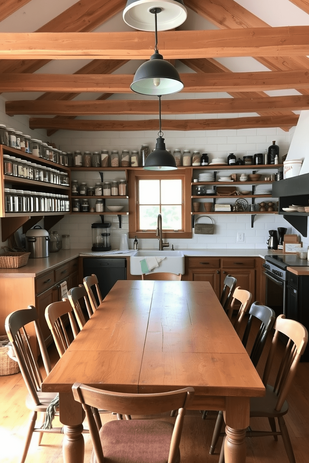 A rustic kitchen featuring mason jar storage creates a quaint and charming atmosphere. The wooden shelves are lined with various sizes of mason jars filled with ingredients, adding both functionality and decor. The kitchen has exposed wooden beams and a farmhouse sink that enhances the rustic vibe. A large wooden dining table sits in the center, surrounded by mismatched chairs that invite a cozy gathering.