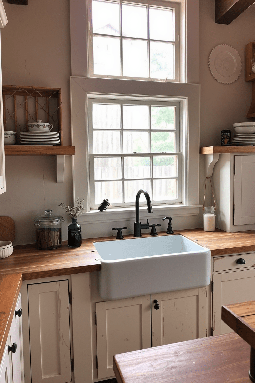 A rustic kitchen featuring a farmhouse sink with vintage charm. The cabinetry is painted in a soft cream color, complemented by distressed wooden accents and open shelving displaying ceramic dishes. The countertops are made of reclaimed wood, adding warmth to the space. A large window above the sink allows natural light to flood in, creating an inviting atmosphere.