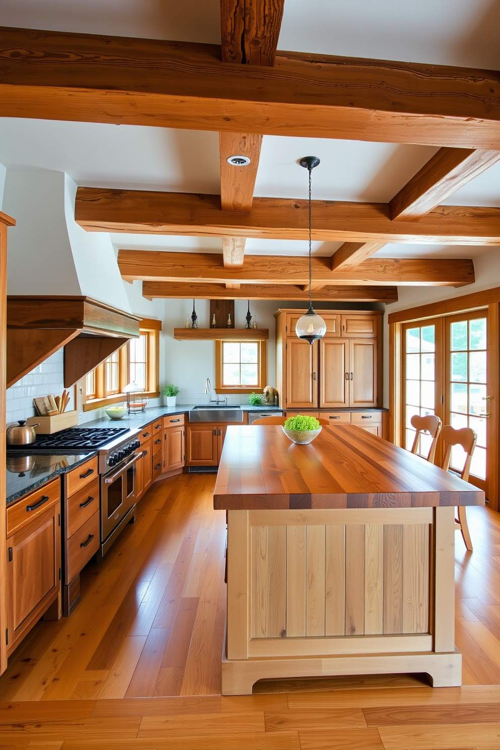 A rustic kitchen featuring natural wood flooring that adds warmth to the space. Exposed wooden beams stretch across the ceiling, complementing the farmhouse-style cabinetry and a large island with a butcher block top.