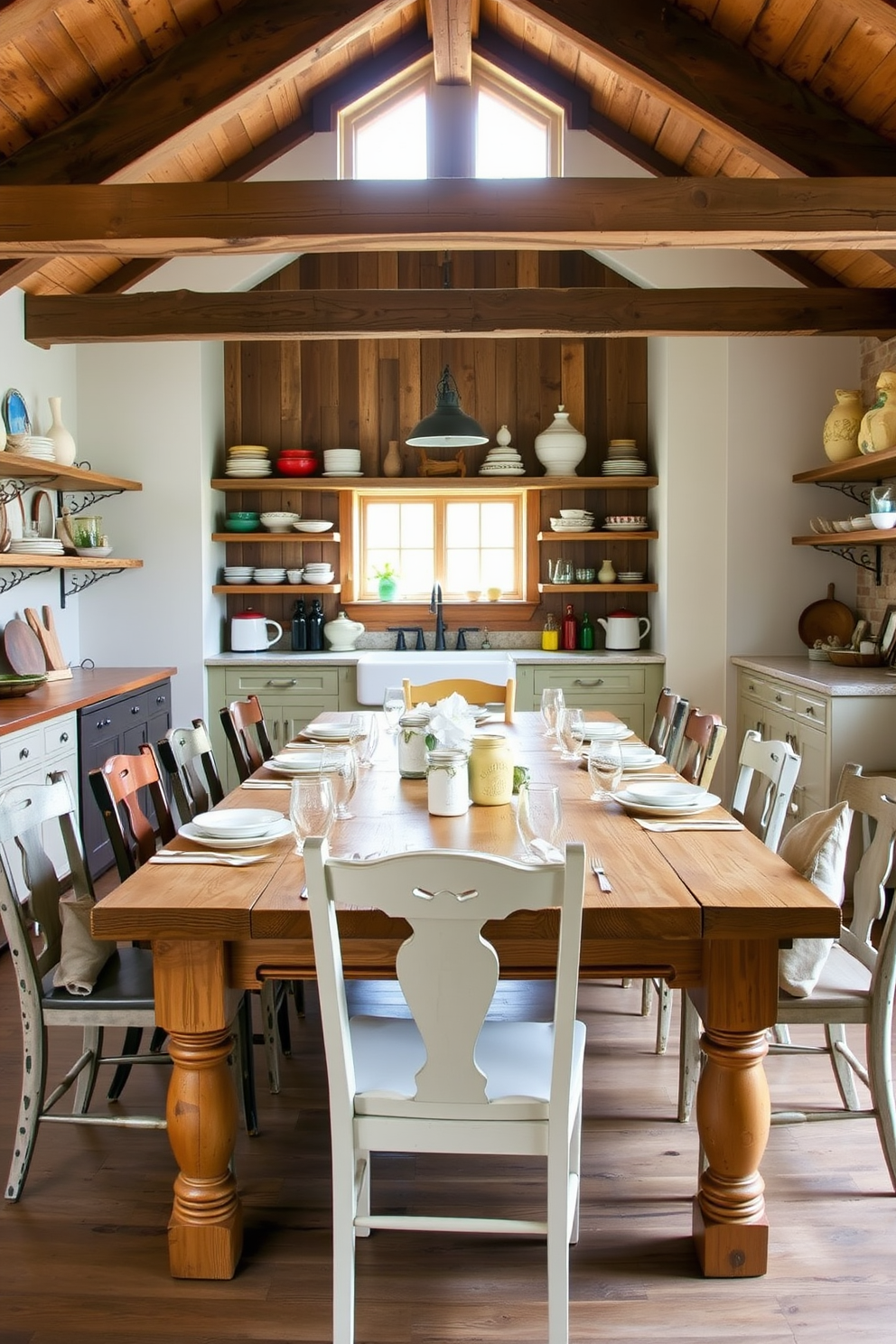 A rustic kitchen featuring a large farmhouse table made of reclaimed wood, surrounded by mismatched chairs that add charm. The table is set with simple yet elegant tableware, including ceramic plates, mason jar glasses, and linen napkins, creating a warm and inviting atmosphere. The kitchen has open shelving displaying colorful dishware and vintage accessories, with a large farmhouse sink under a window that lets in natural light. Wooden beams across the ceiling and a neutral color palette enhance the cozy, rustic feel of the space.