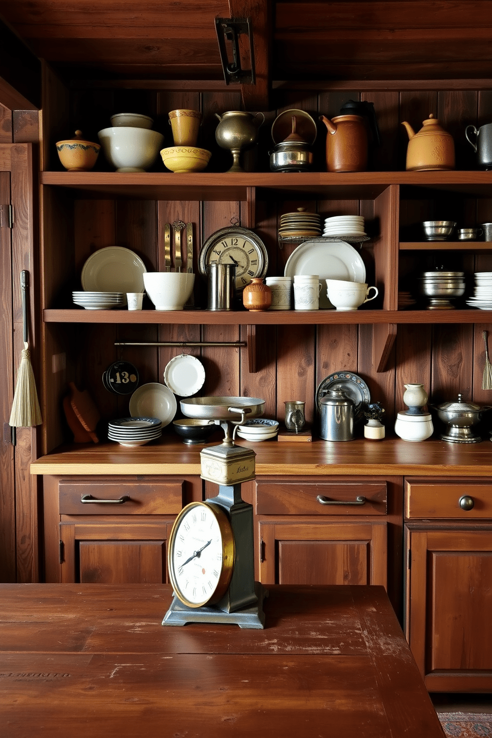 A charming rustic kitchen featuring a vintage scale as a decorative centerpiece. The walls are adorned with reclaimed wood, and open shelving displays an array of antique kitchenware.