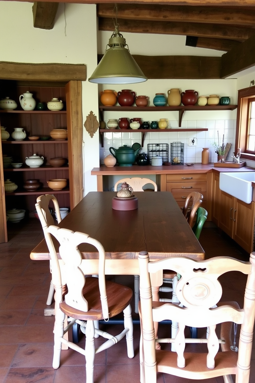 A rustic kitchen setting featuring handmade pottery accents. The kitchen includes a large wooden farmhouse table surrounded by mismatched chairs, with an open shelving unit displaying colorful pottery pieces.