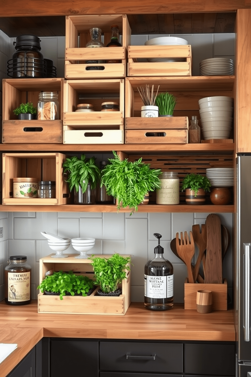 A rustic kitchen featuring wooden crates used for stylish organization. The crates are stacked creatively on open shelves, displaying various kitchen items and herbs.