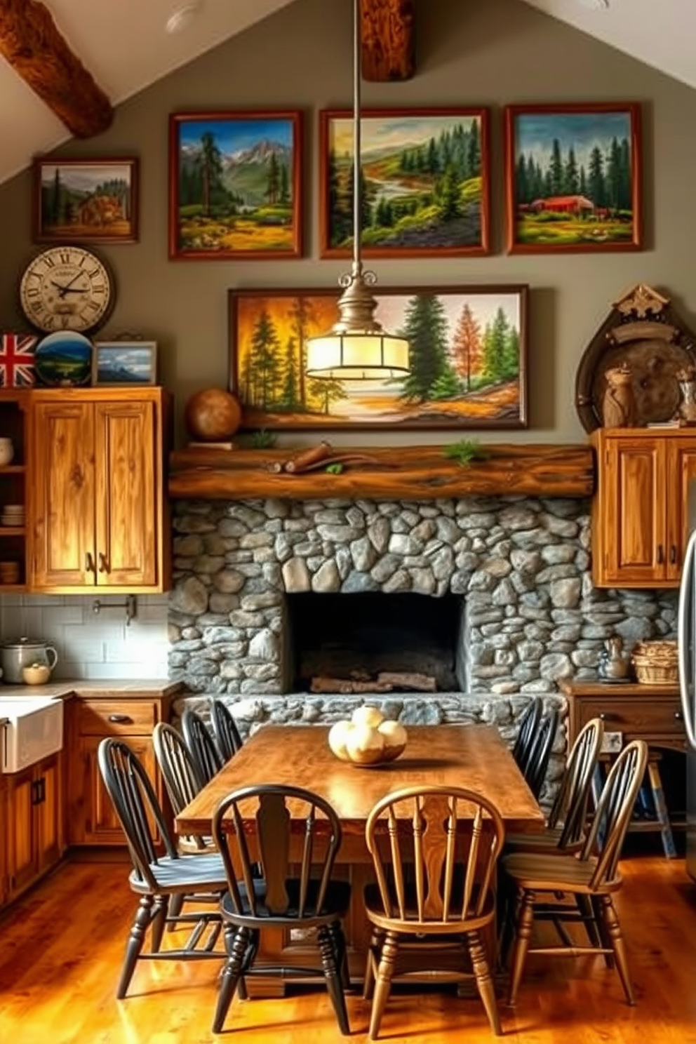 A cozy rustic kitchen featuring reclaimed wood cabinets and open shelving adorned with nature-themed wall art. The space is enhanced by a farmhouse sink, vintage-style lighting, and a large wooden dining table surrounded by mismatched chairs. Rustic wall art showcasing vibrant landscapes and serene forest scenes hangs above a warm stone fireplace. The artwork is complemented by earthy tones in the decor, creating a harmonious connection with the natural surroundings.