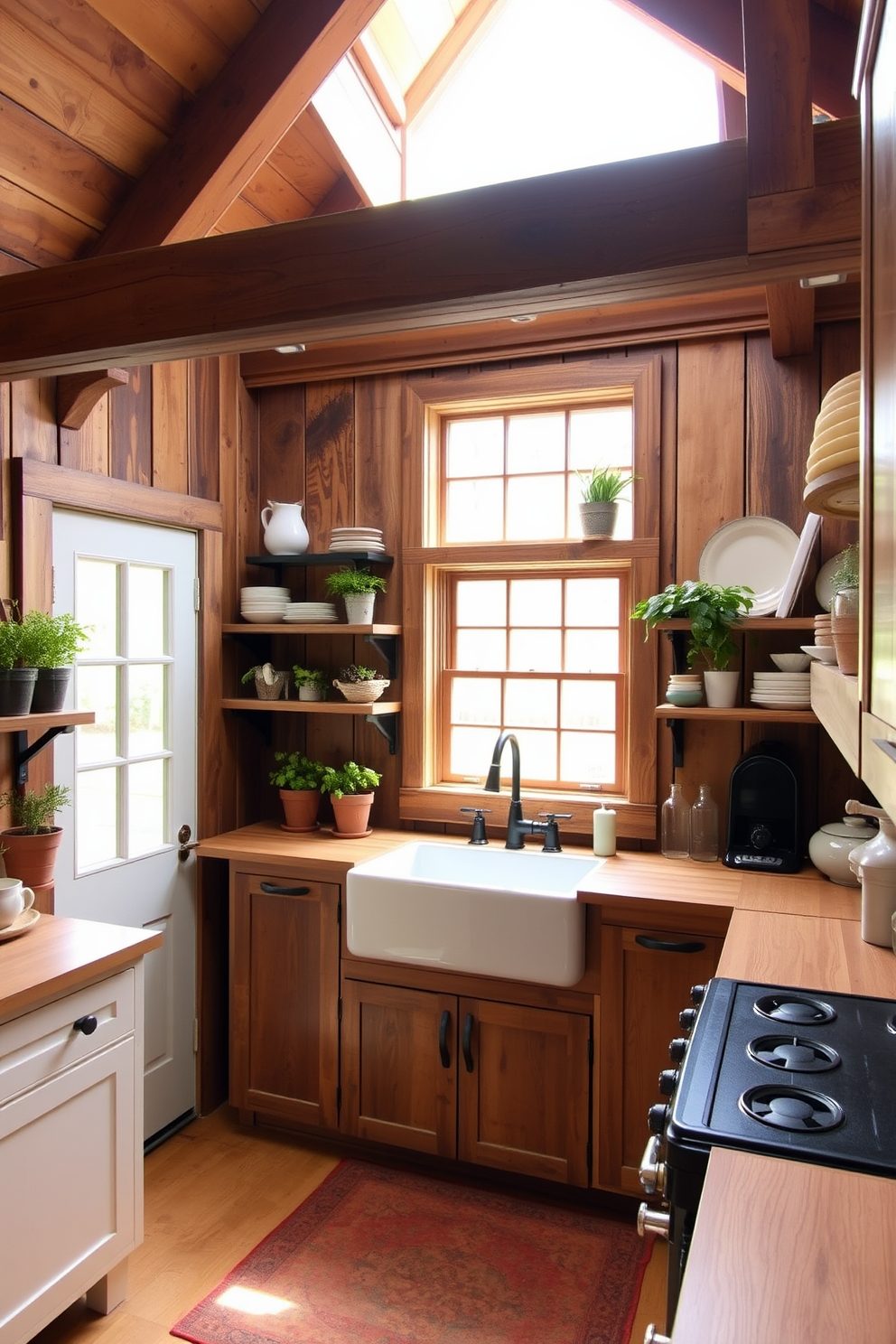 A cozy rustic kitchen filled with natural light. Wooden beams stretch across the ceiling, and the walls are adorned with reclaimed wood panels. A large farmhouse sink sits beneath a window, surrounded by open shelving displaying potted herbs and rustic dishware. The countertops are made of butcher block, and a vintage-style stove adds charm to the space.