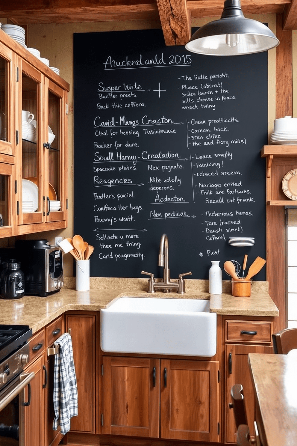 A cozy rustic kitchen featuring a chalkboard wall for notes and menus. The space includes reclaimed wood cabinets, a farmhouse sink, and open shelving displaying vintage dishware.