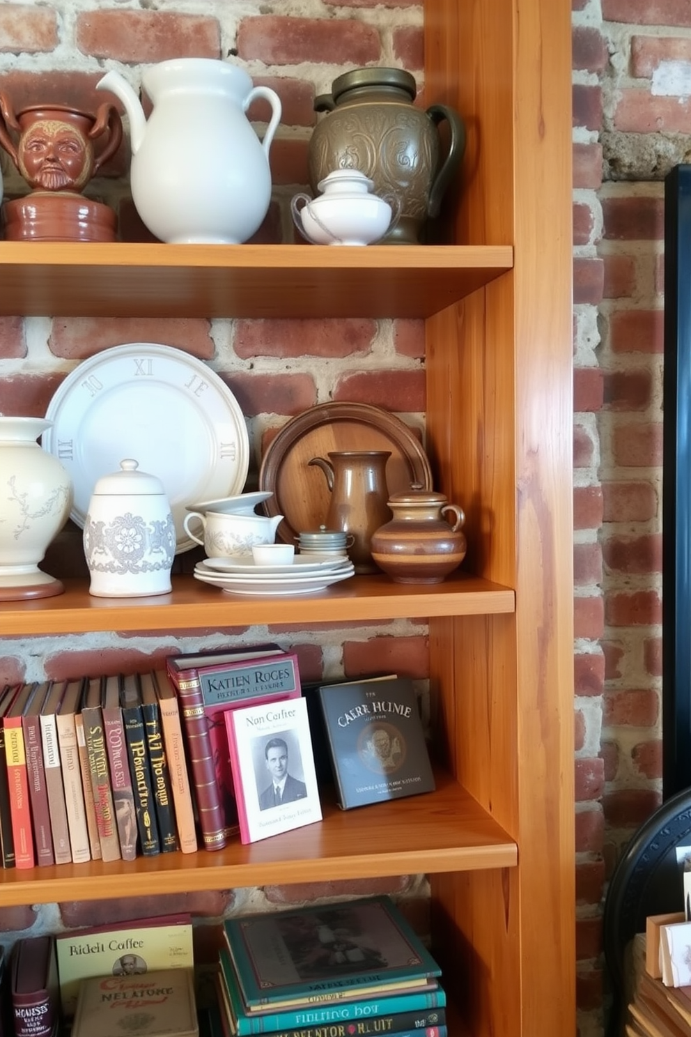 Open shelving displays a variety of rustic decor items including handcrafted pottery and vintage cookbooks. The warm wooden shelves are complemented by a backdrop of exposed brick, creating a cozy and inviting atmosphere.