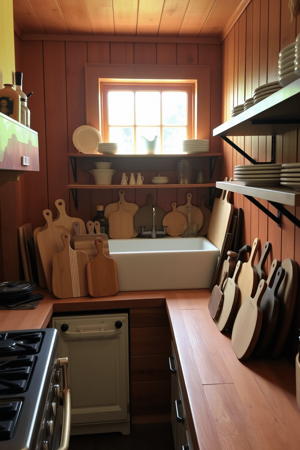 A rustic kitchen setting featuring wooden cutting boards as decor. The walls are adorned with warm wooden paneling, and a large farmhouse sink sits beneath a window with a view of the garden. On the countertop, an assortment of wooden cutting boards in various shapes and sizes is displayed, adding texture and warmth. A vintage-style stove and open shelving with ceramic dishes complete the inviting atmosphere.