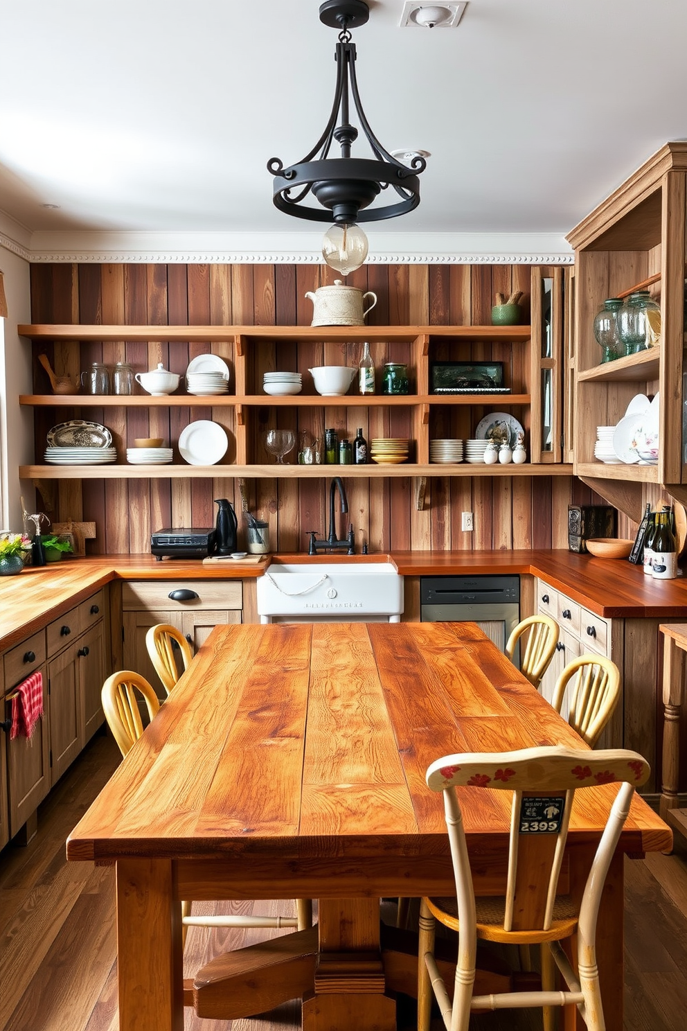 A rustic kitchen featuring distressed wooden cabinets that exude a weathered charm. The countertops are made of reclaimed wood, and open shelving displays vintage dishware and mason jars. The space is accented with wrought iron fixtures and a farmhouse sink. A large, wooden dining table sits in the center, surrounded by mismatched chairs for a cozy, inviting atmosphere.