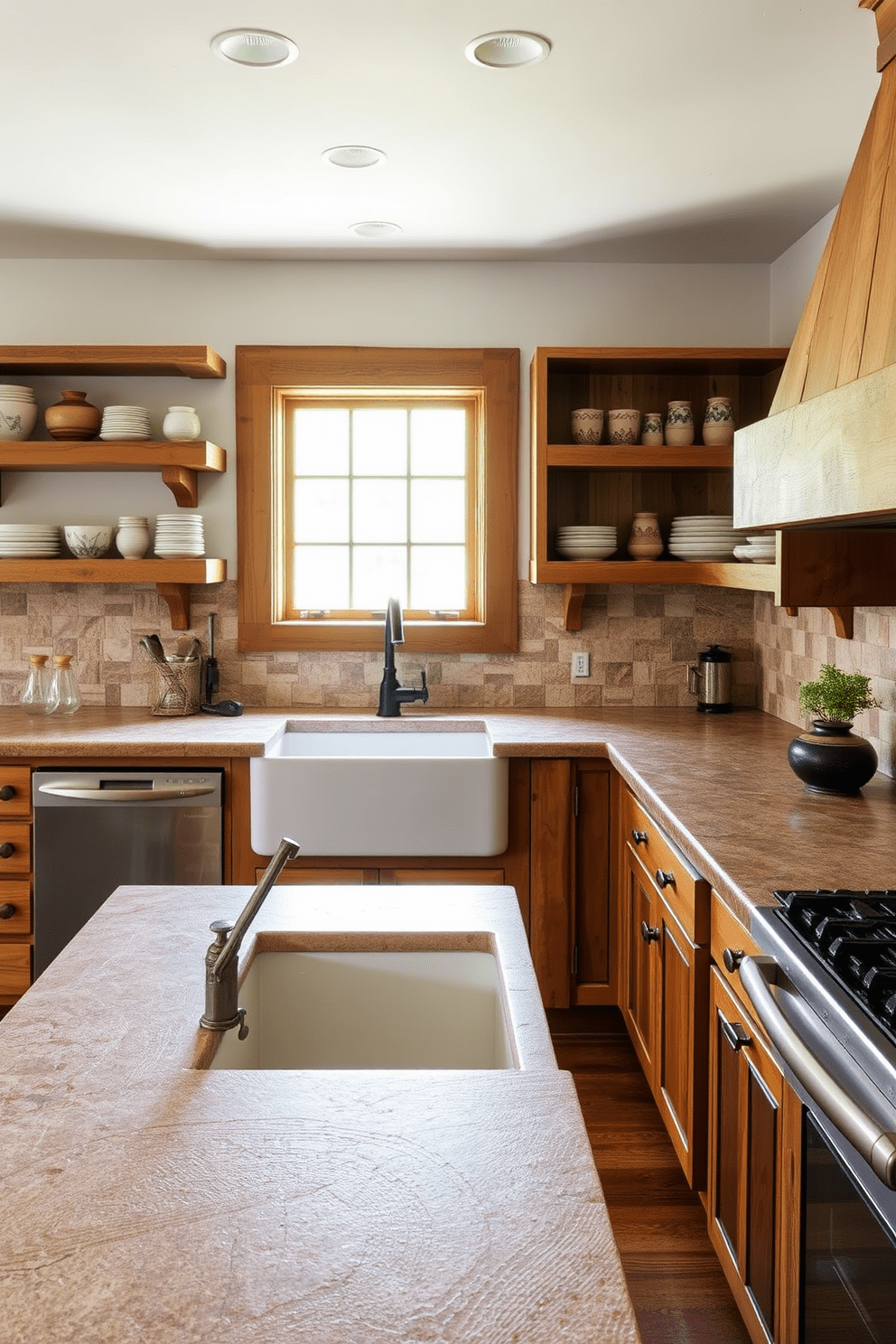 A rustic kitchen design features natural stone countertops that bring an earthy appeal to the space. The cabinetry is crafted from reclaimed wood, and open shelves display handmade pottery and vintage kitchenware. The backsplash is adorned with textured tiles that complement the stone surfaces. A large farmhouse sink sits beneath a window, allowing natural light to illuminate the warm tones of the kitchen.