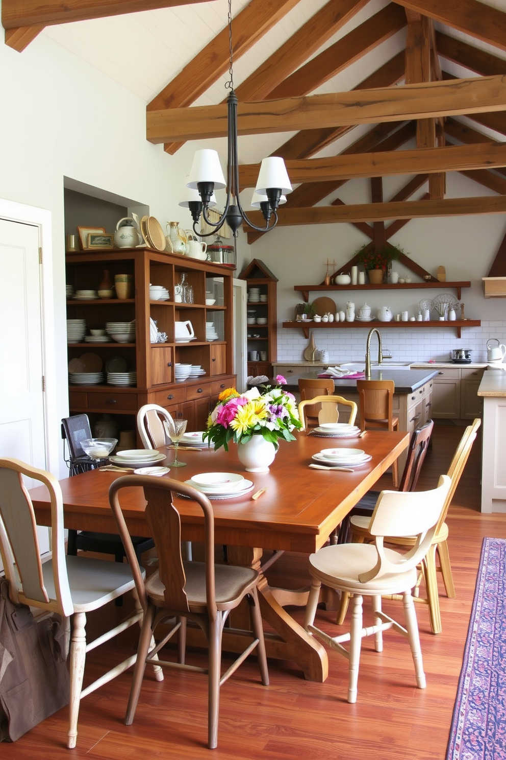 A wooden dining table is surrounded by mismatched chairs of various styles and colors. The table is set with rustic dishware and a centerpiece of fresh flowers, creating a warm and inviting atmosphere. The kitchen features exposed wooden beams and open shelving filled with vintage kitchenware. A farmhouse sink and a large island with bar stools enhance the rustic charm of the space.