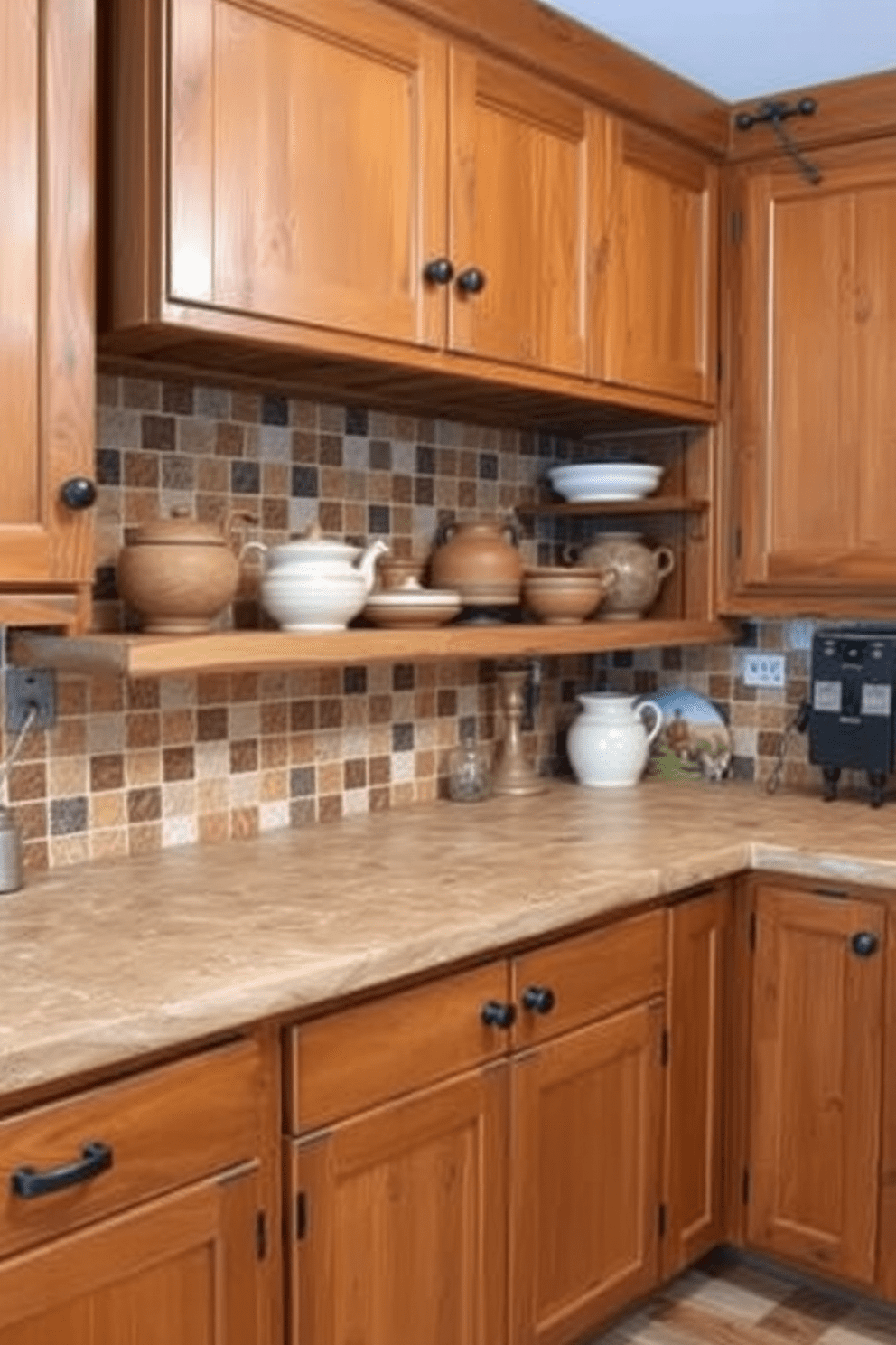 A rustic kitchen featuring a tile backsplash with earthy tones that complements the wooden cabinetry. The countertops are made of natural stone, and open shelving displays handcrafted pottery and rustic decor.