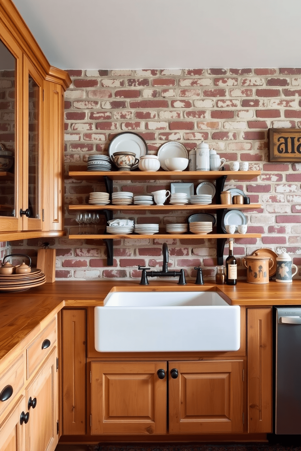 A rustic kitchen featuring an exposed brick wall that adds an industrial touch. The space includes wooden cabinets with a distressed finish and a large farmhouse sink surrounded by open shelving displaying vintage dishware.