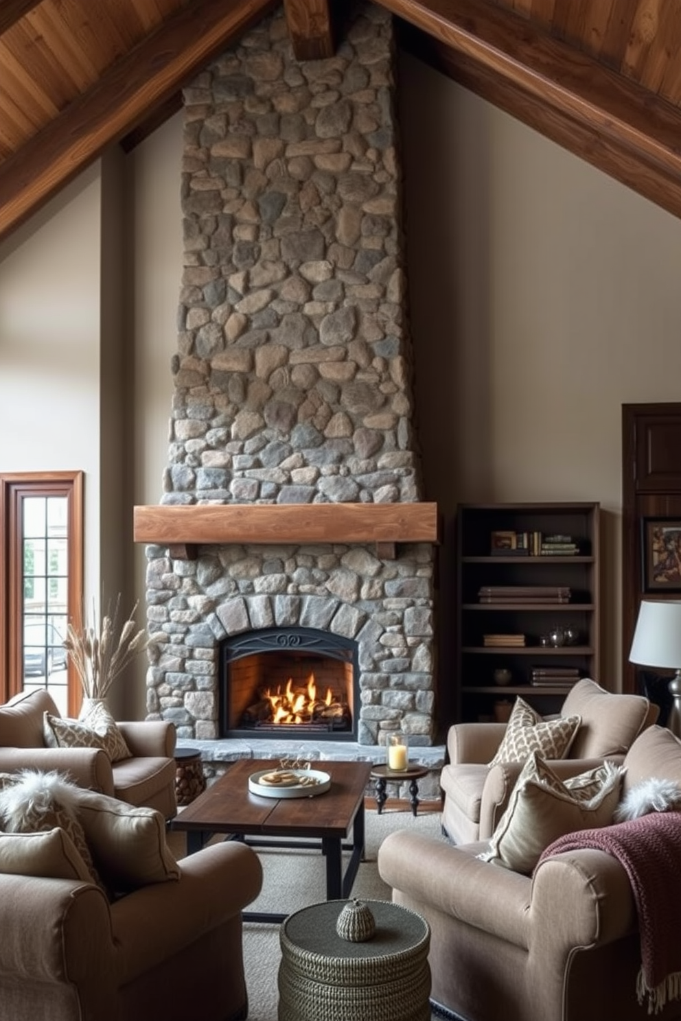 Cozy stone fireplace with a wooden mantel creates a warm focal point in the living room. Surrounding the fireplace, plush seating with soft textures invites relaxation and comfort. Natural wood beams stretch across the ceiling, enhancing the rustic charm of the space. Earthy tones and layered textiles add depth and warmth to the overall design.