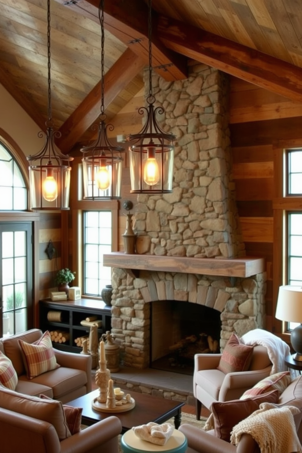 A cozy rustic living room features hanging pendant lights made of wrought iron, casting a warm glow over the space. The walls are adorned with reclaimed wood paneling, and a large stone fireplace serves as the focal point, surrounded by comfortable seating and earthy textiles.