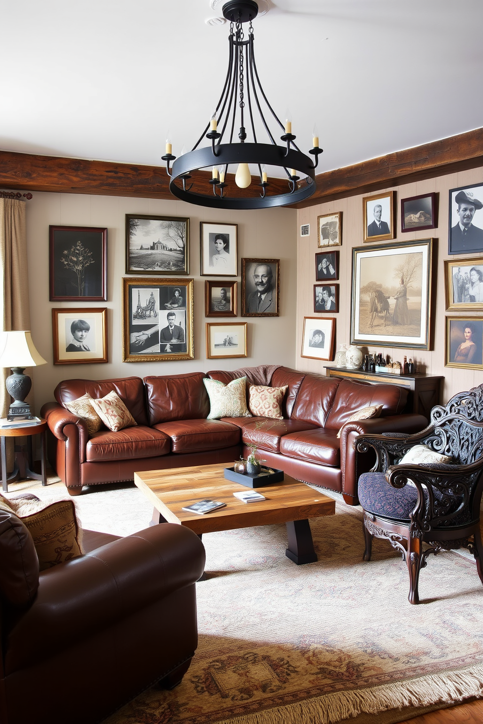 A rustic living room featuring a blend of modern and vintage furnishings. A large leather sectional sofa in a deep brown hue is paired with a reclaimed wood coffee table and an antique armchair with intricate carvings. The walls are adorned with a mix of contemporary art and vintage photographs in mismatched frames. A cozy area rug with a geometric pattern anchors the space, while a statement chandelier made of wrought iron hangs from the ceiling.