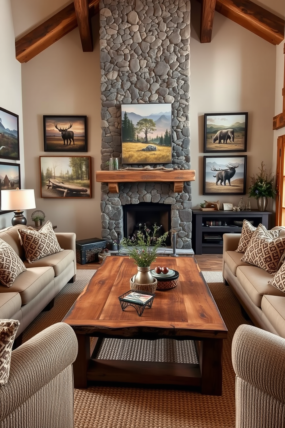 A cozy rustic living room design that incorporates nature themes. The focal point is a large wooden coffee table surrounded by plush seating made of natural fibers. On the walls, rustic wall art showcases landscapes and wildlife in earthy tones. A stone fireplace adds warmth, and a woven rug anchors the seating area.