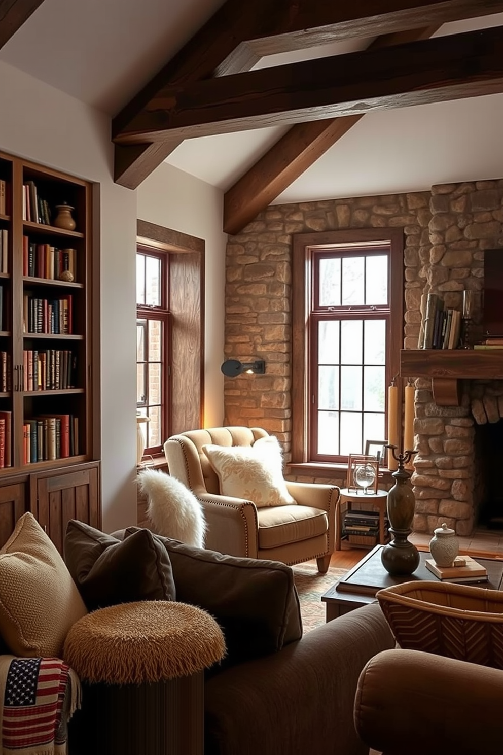 Cozy reading nook with plush cushions. A comfortable armchair is positioned near a large window, surrounded by shelves filled with books and soft lighting. Rustic living room design ideas. The space features a stone fireplace, wooden beams on the ceiling, and a mix of vintage furniture pieces that create a warm, inviting atmosphere.