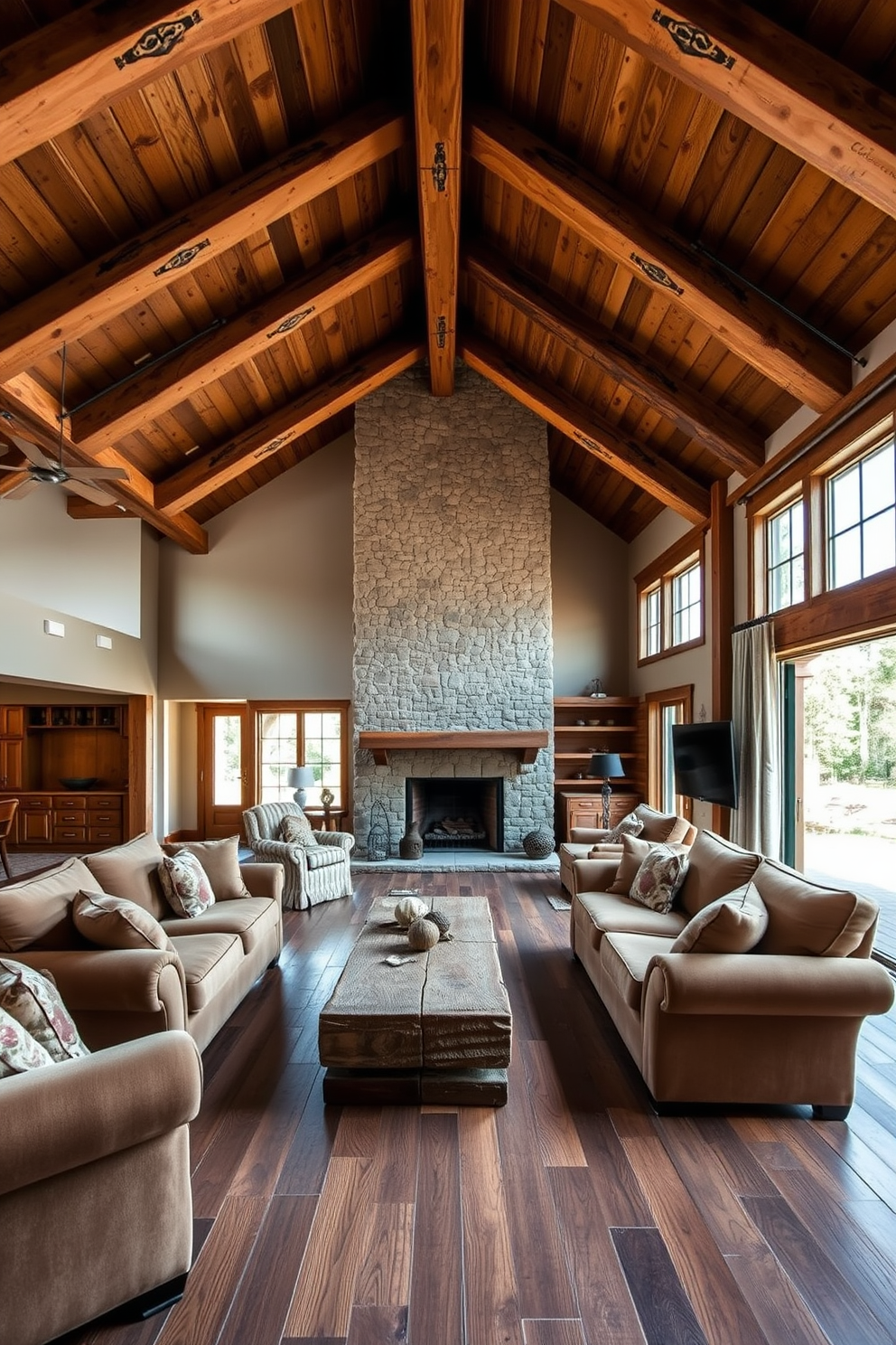 A cozy rustic living room with an open floor plan that enhances spaciousness. Exposed wooden beams stretch across the ceiling, while a large stone fireplace serves as the focal point of the room. Natural light floods in through oversized windows, highlighting the warm tones of the reclaimed wood flooring. Plush, earth-toned sofas are arranged around a handcrafted coffee table, inviting relaxation and conversation.