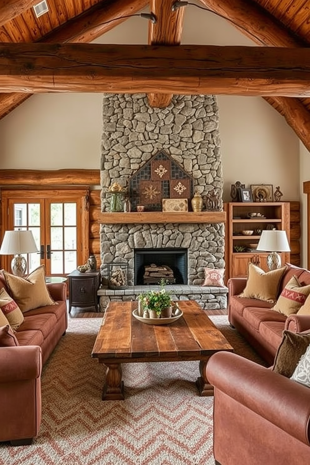 A cozy rustic living room featuring wooden accents in the furniture and decor. The room is anchored by a large reclaimed wood coffee table surrounded by plush seating upholstered in earthy tones. Exposed wooden beams line the ceiling, enhancing the warm ambiance. A stone fireplace serves as the focal point, adorned with rustic decor and a mantle displaying handmade crafts.