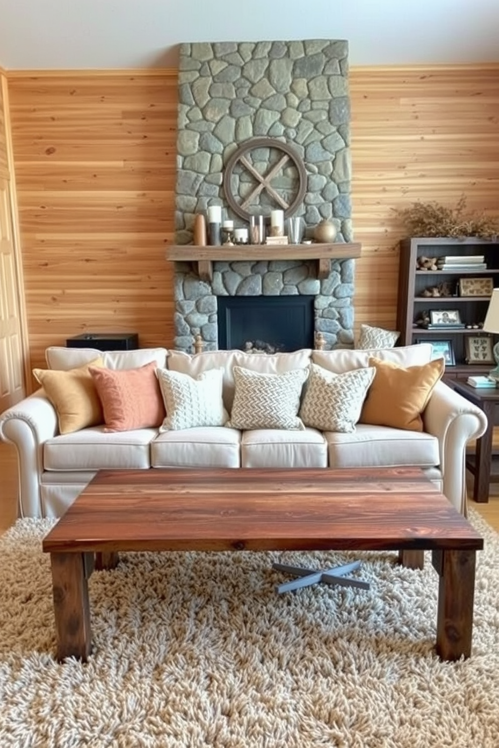 Textured throw pillows in warm tones are arranged on a cozy beige sofa, creating an inviting atmosphere. A reclaimed wood coffee table sits in front of the sofa, surrounded by a plush area rug that adds warmth to the rustic living room. The walls are adorned with natural wood paneling, enhancing the rustic charm of the space. A stone fireplace serves as the focal point, with a mantel decorated with candles and rustic decor accents.