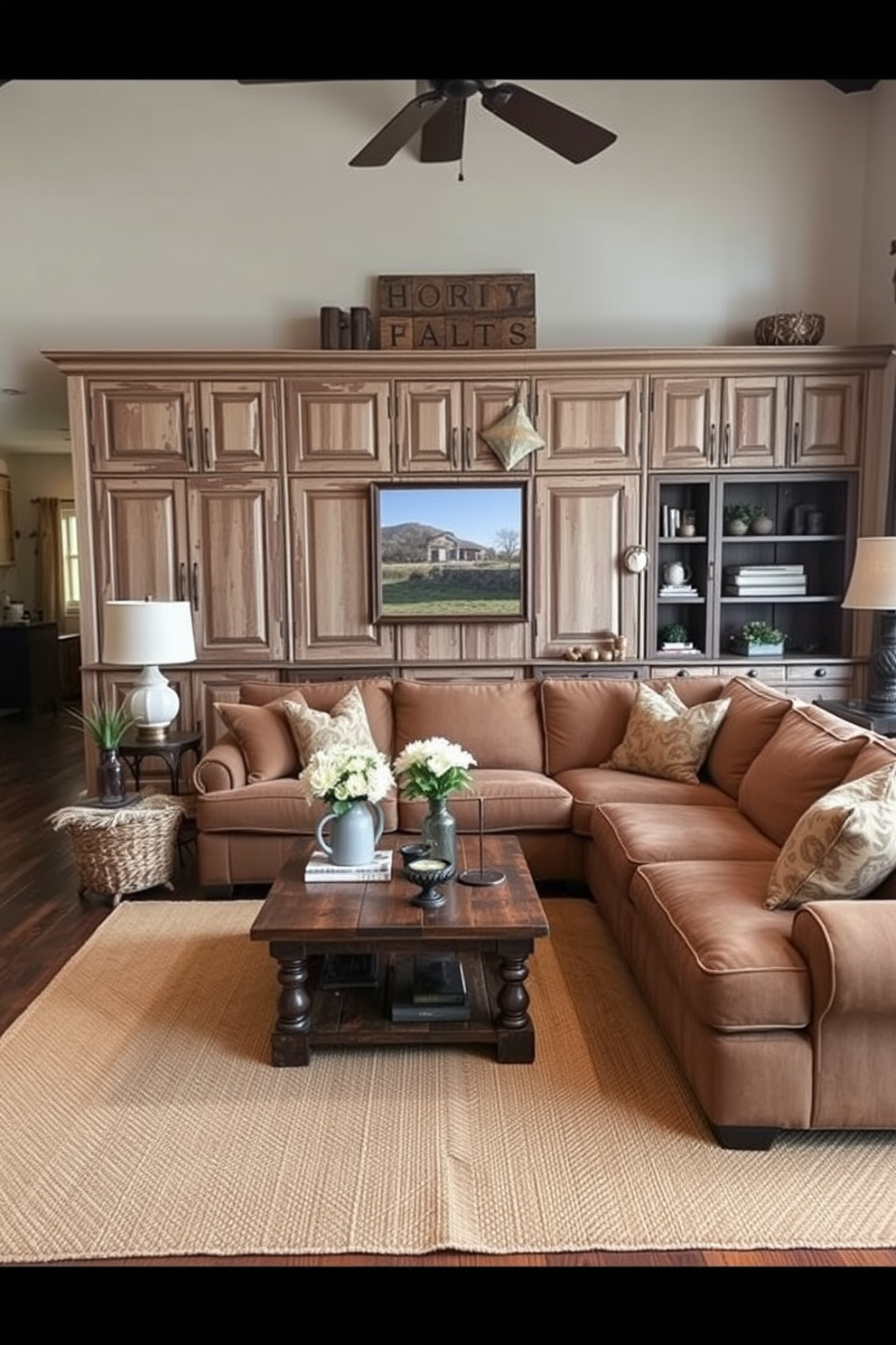 A cozy rustic living room features cabinetry with distressed finishes that add character and warmth to the space. The room is adorned with a large, inviting sectional sofa in earthy tones, complemented by a reclaimed wood coffee table and vintage decor pieces.