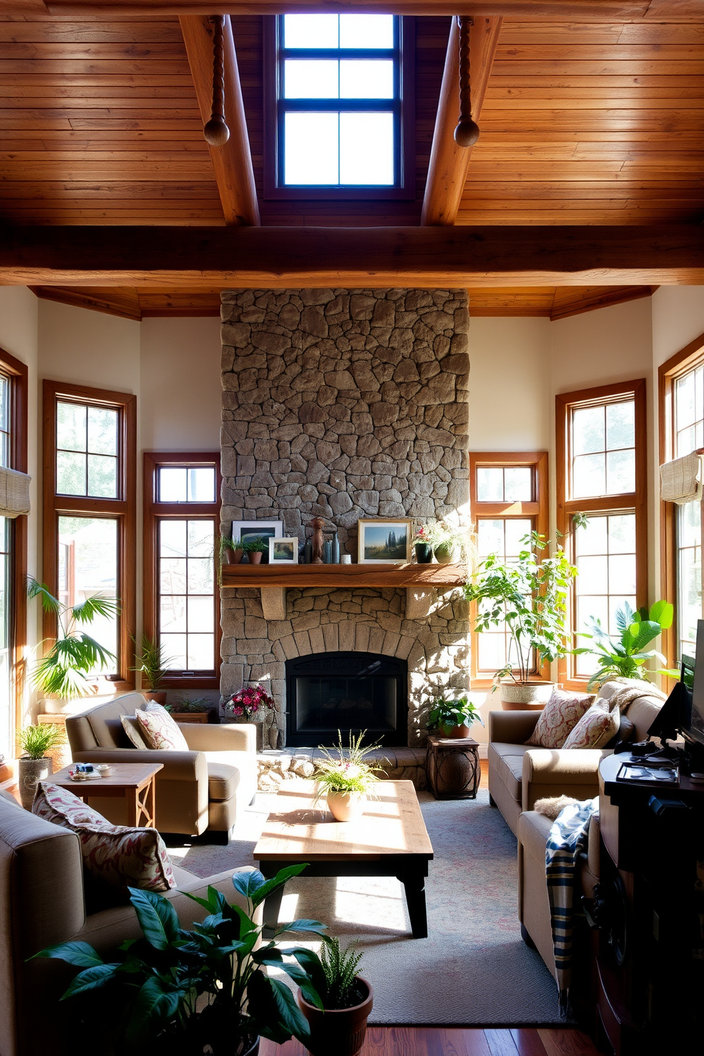 A cozy rustic living room filled with natural light. The space features a large stone fireplace as the focal point, surrounded by a reclaimed wood mantel and comfortable seating. Soft earth-toned furniture complements the warm wooden beams on the ceiling. Potted plants in various sizes are strategically placed around the room, adding a touch of greenery and life to the rustic decor.