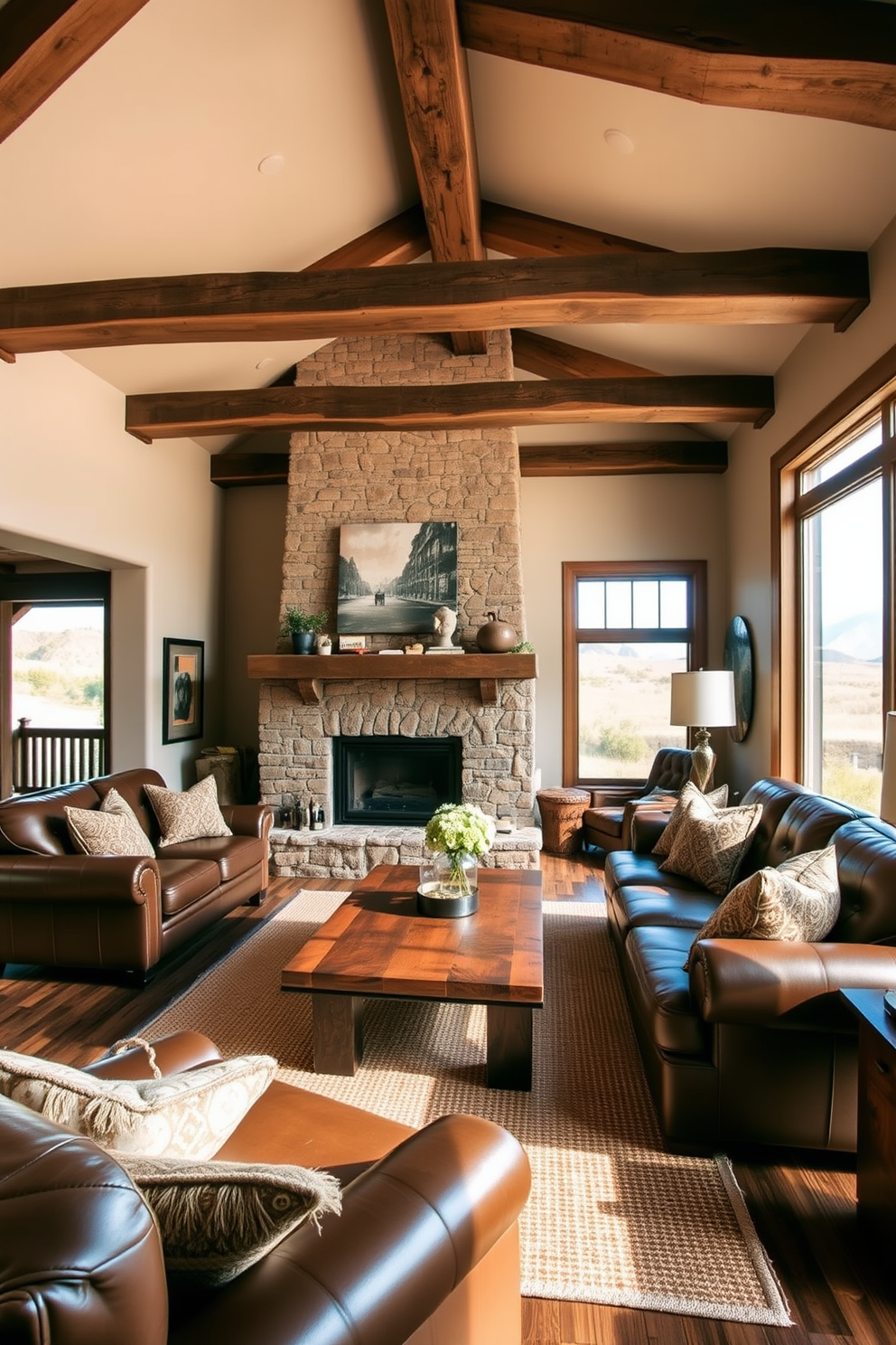 A cozy living room featuring exposed beam ceilings that add rustic charm to the space. The room is adorned with a large leather sofa, a reclaimed wood coffee table, and a stone fireplace that serves as the focal point. Warm earthy tones dominate the color palette, complemented by textured throw pillows and a woven area rug. Large windows allow natural light to flood the room, enhancing the inviting atmosphere and showcasing the surrounding landscape.