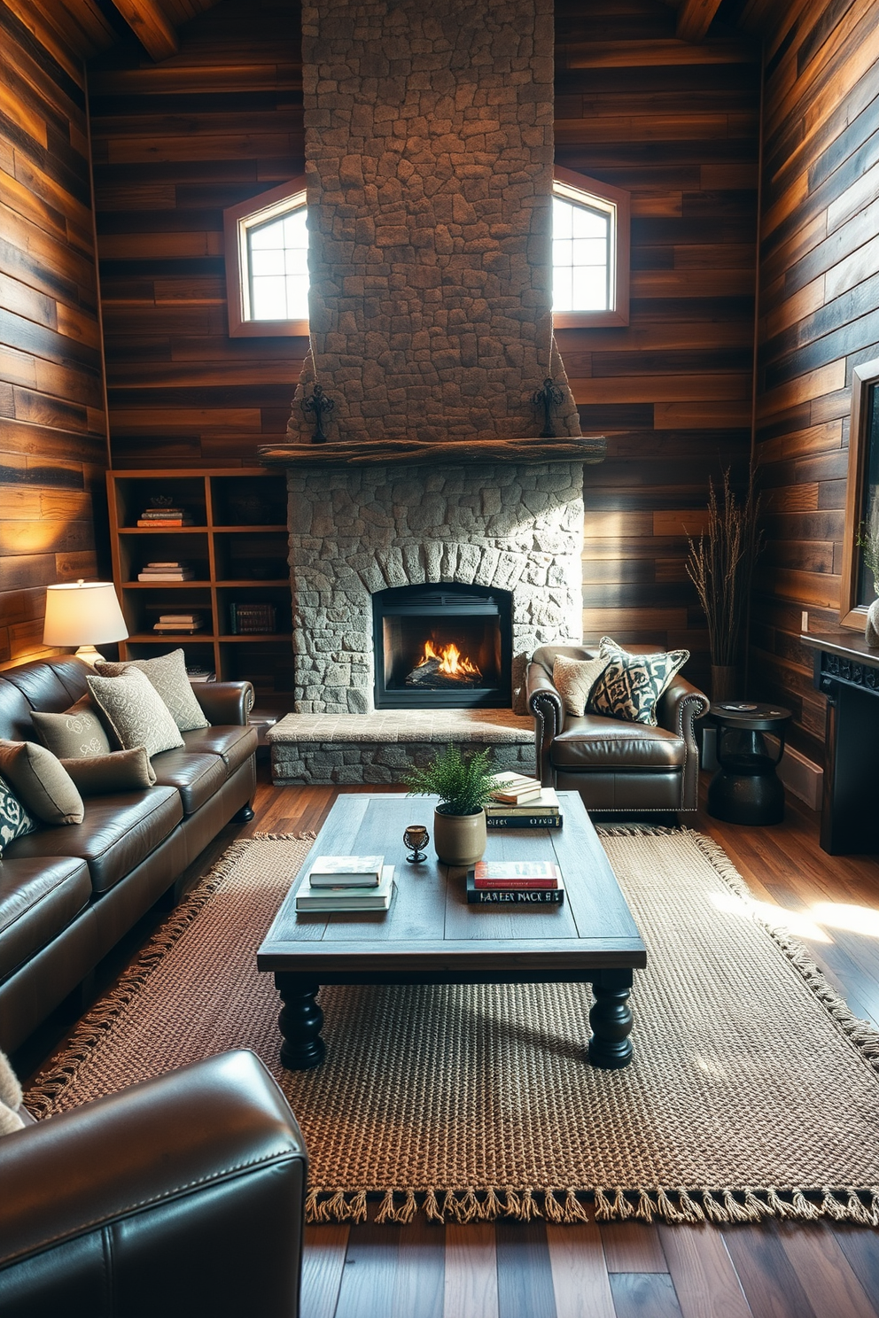 A cozy rustic living room filled with soft lighting that casts a warm glow throughout the space. A large leather sofa is positioned in front of a stone fireplace, complemented by a wooden coffee table adorned with decorative books and a small potted plant. The walls are lined with reclaimed wood, creating a warm and inviting atmosphere. A woven area rug adds texture to the hardwood floor, while oversized cushions in earthy tones are scattered across the sofa for added comfort.