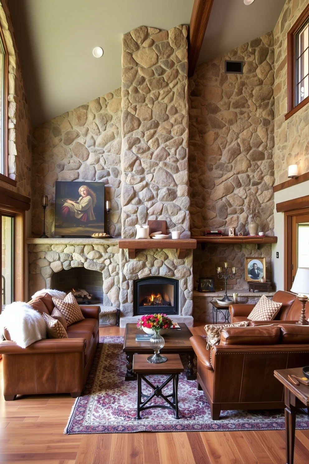 A rustic living room features natural stone accent walls that add depth and texture to the space. The room is filled with warm wooden furniture, a cozy fireplace, and plush textiles that create an inviting atmosphere.